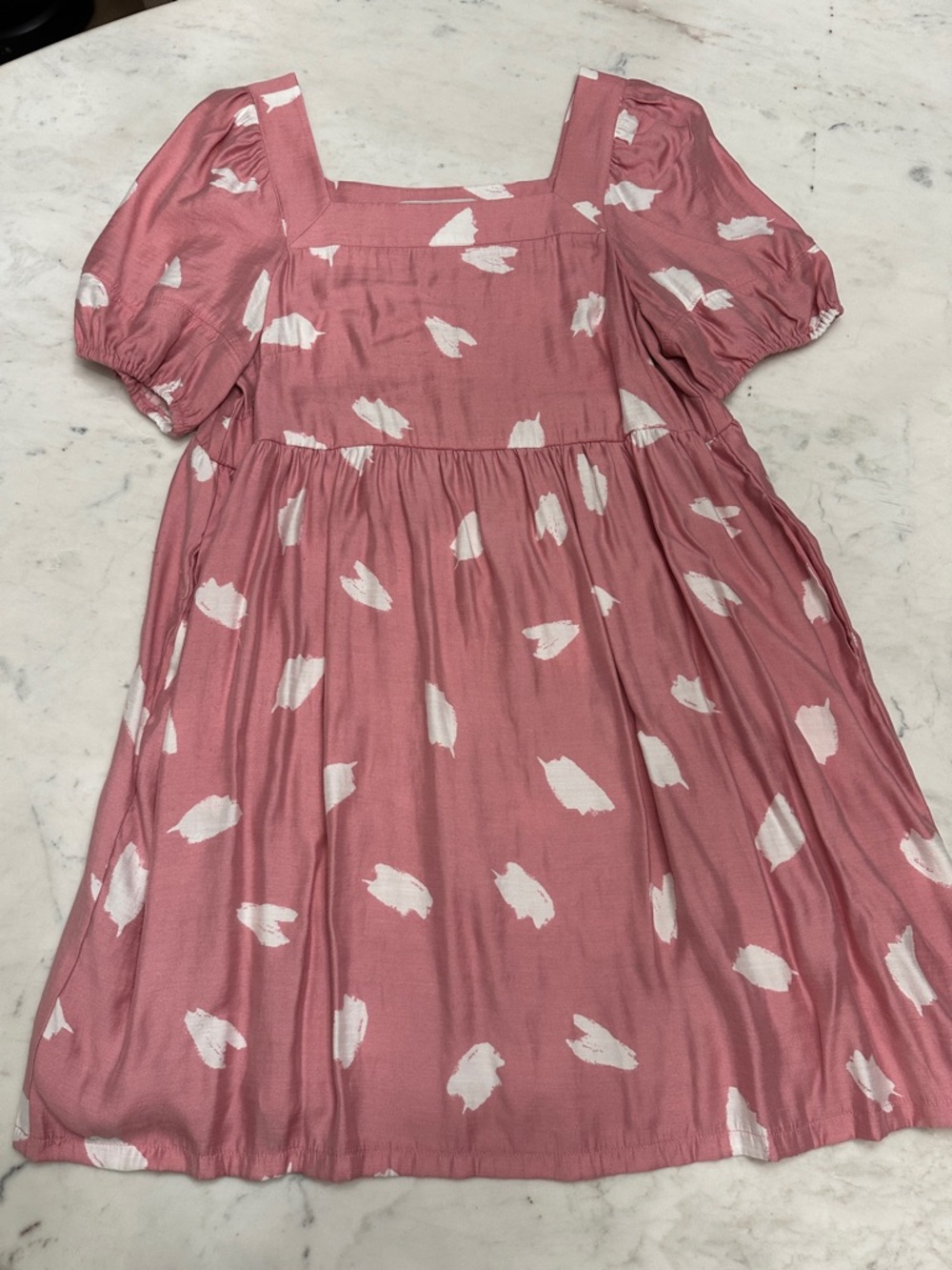 LOFT Pink Puff-Sleeve Square-Neck Dress with White Print